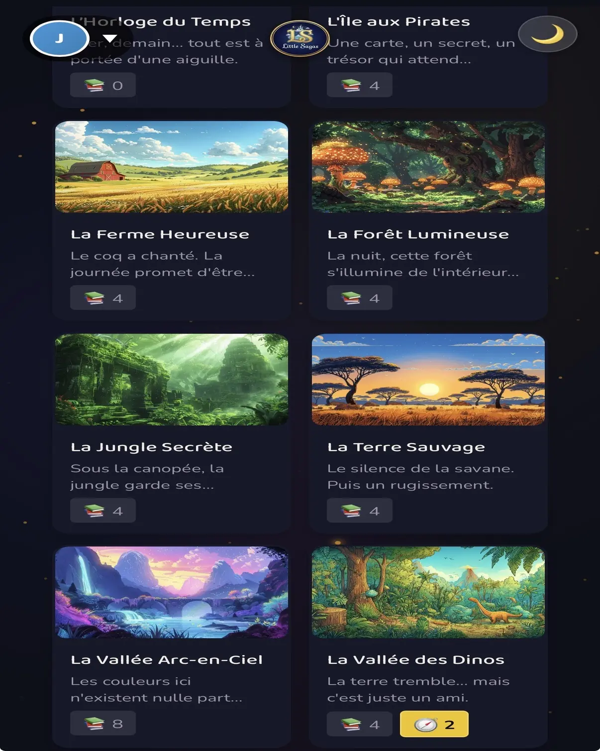 Choix d'un univers d'histoire parmi 52 mondes sur Little Sagas